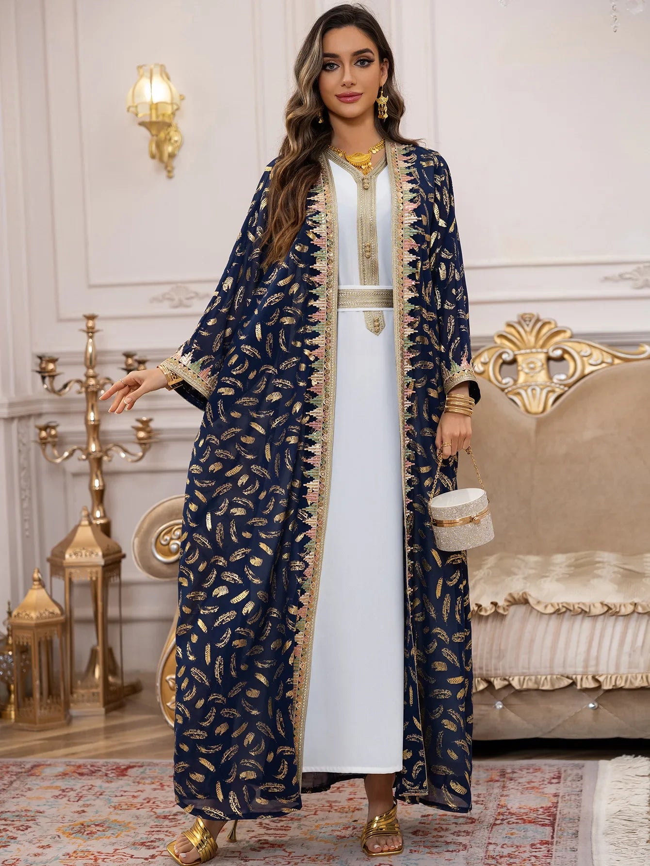 Ensemble Kimono Abaya Bleu et Or