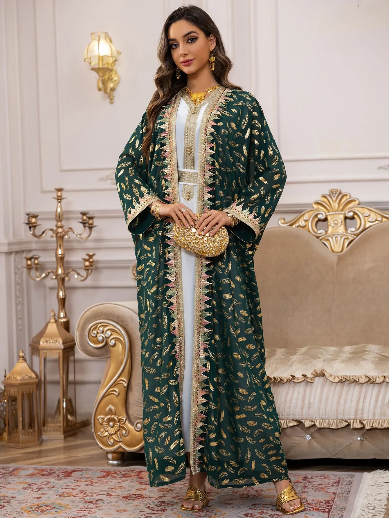 Ensemble Kimono Abaya Vert et Doré