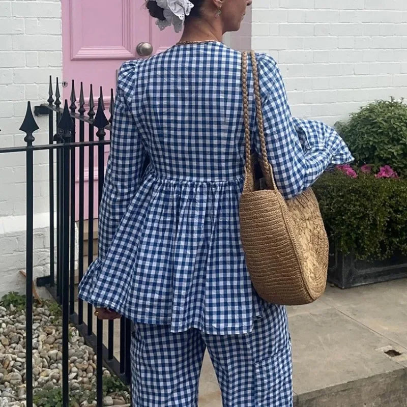 Ensemble Kimono Bleu à Carreaux Confortable