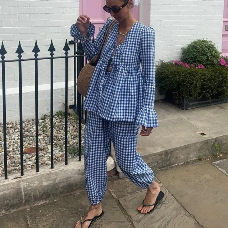 Ensemble Kimono Bleu à Carreaux Léger