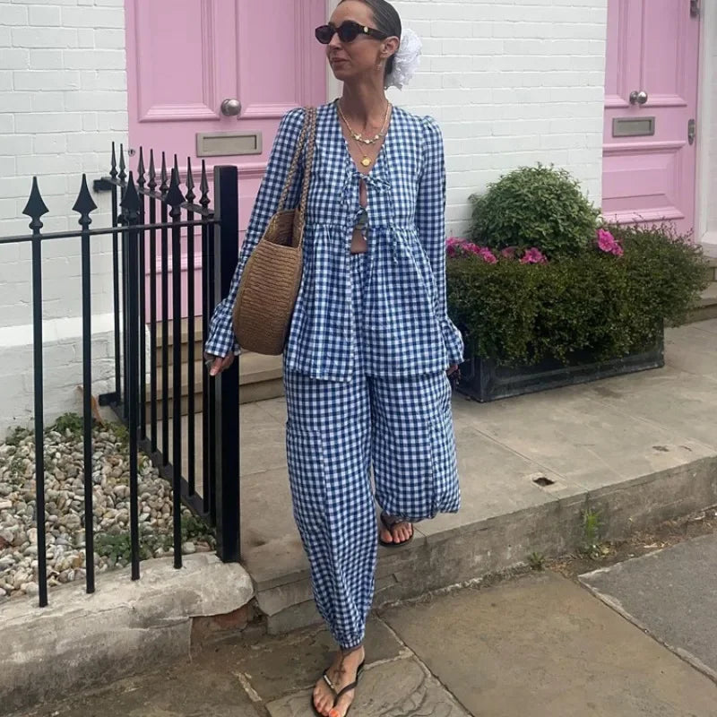 Ensemble Kimono Bleu à Carreaux Stylé