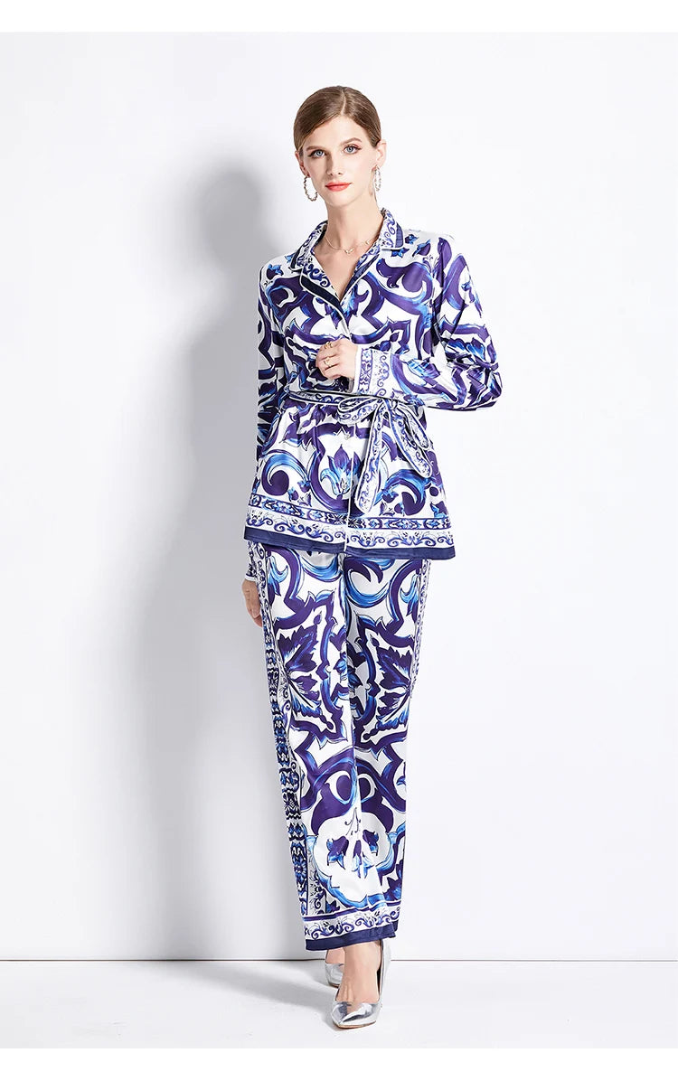 Ensemble Kimono Droit à Motifs Bleu