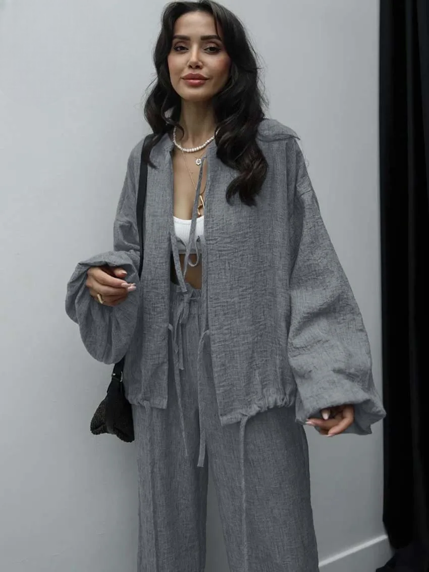 Ensemble Kimono Gris à Lacets
