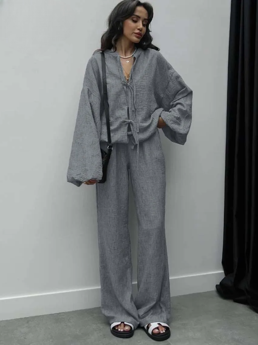 Ensemble Kimono Gris à Lacets