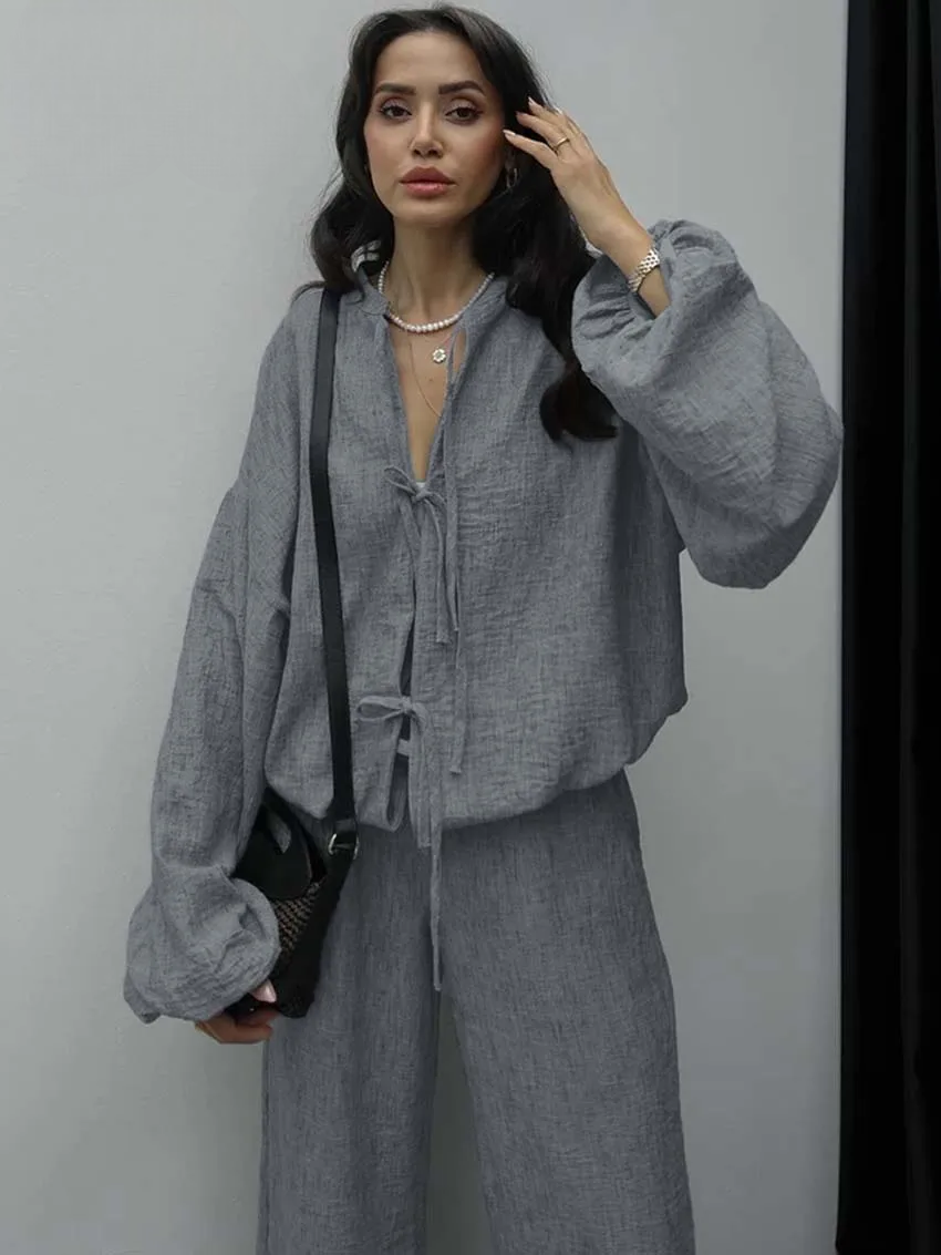 Ensemble Kimono Gris à Lacets