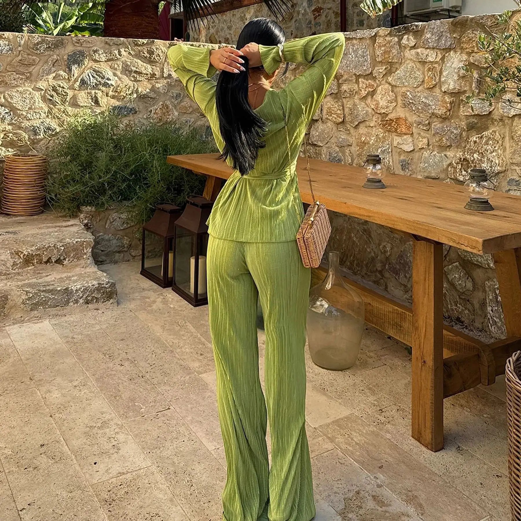 Ensemble Kimono Plissé Sexy Vert Léger