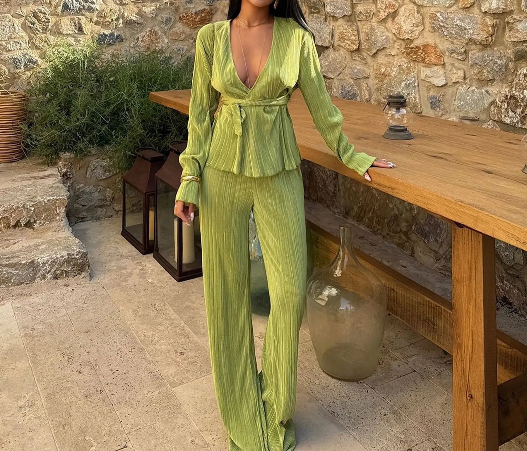 Ensemble Kimono Plissé Sexy Vert Stylé