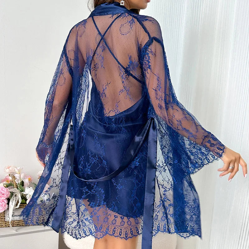 Ensemble Kimono de Nuit Bleu Sexy en Dentelles Design