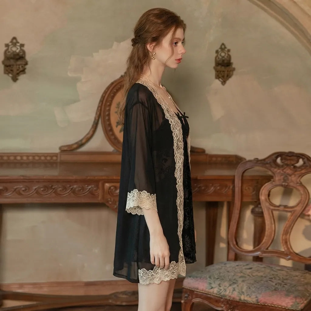 Ensemble Kimono de Nuit Noir Dentelles Léger