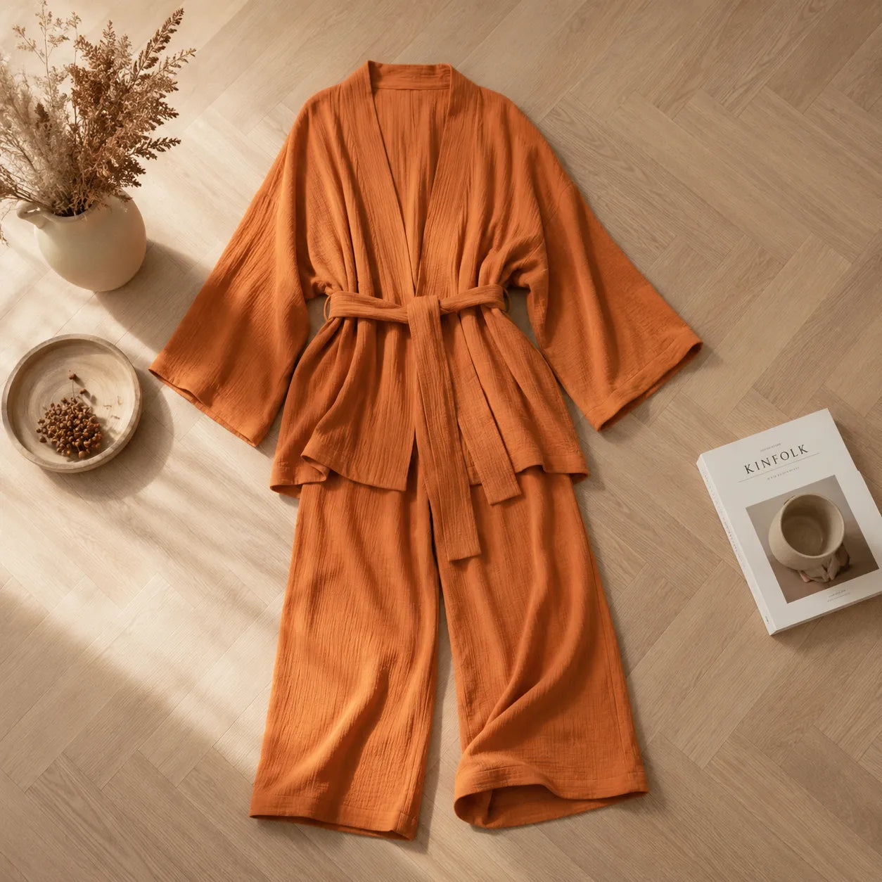Ensemble Pyjama Femme Orange Fluide Stylé