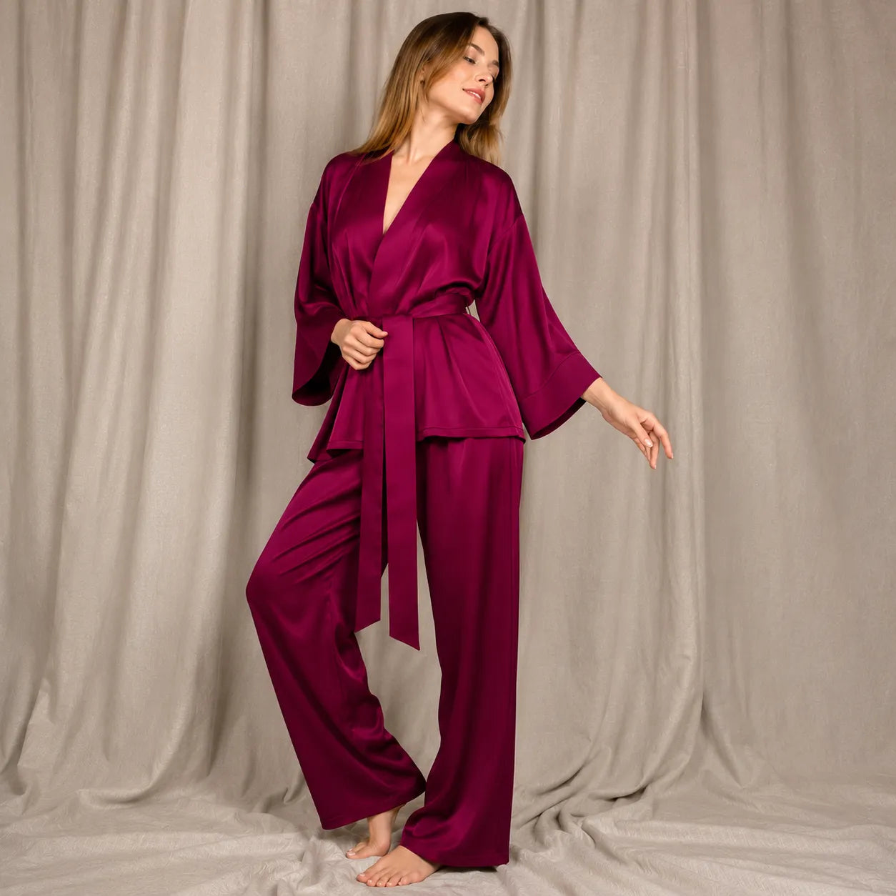 Ensemble Pyjama Kimono Ample Bordeaux