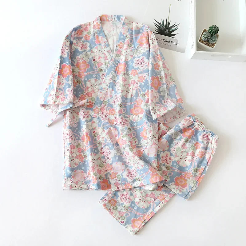 Ensemble Pyjama Kimono Bleu Motif Floral Design