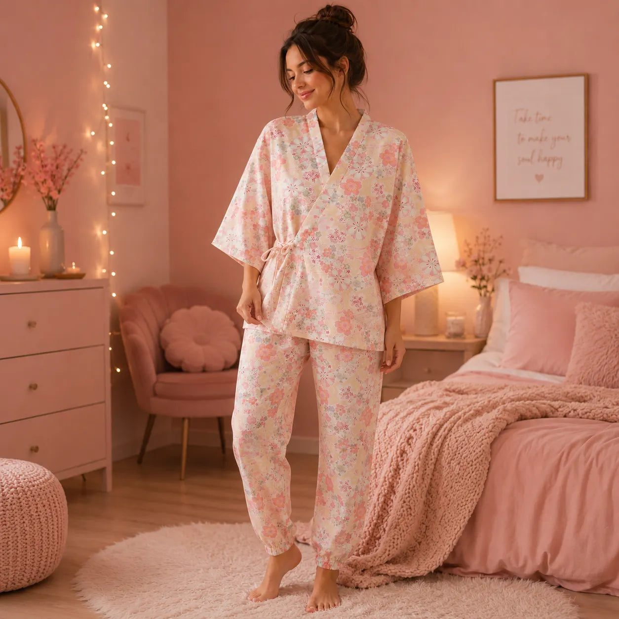 Ensemble Pyjama Kimono Fleuri Rose