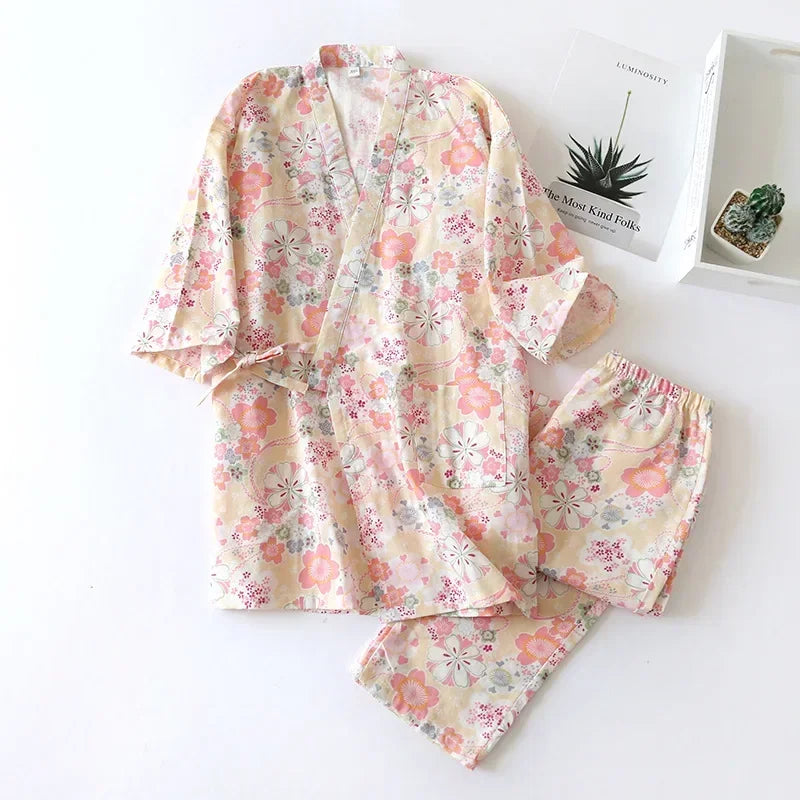 Ensemble Pyjama Kimono Fleuri Rose Stylé