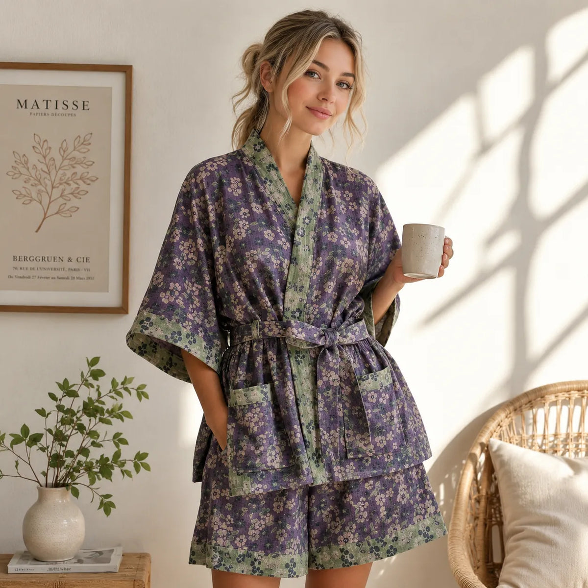 Ensemble Pyjama Short à Motifs Floraux Bleu et Vert