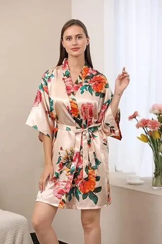 Floral Satin Kimono Rose Orangé
