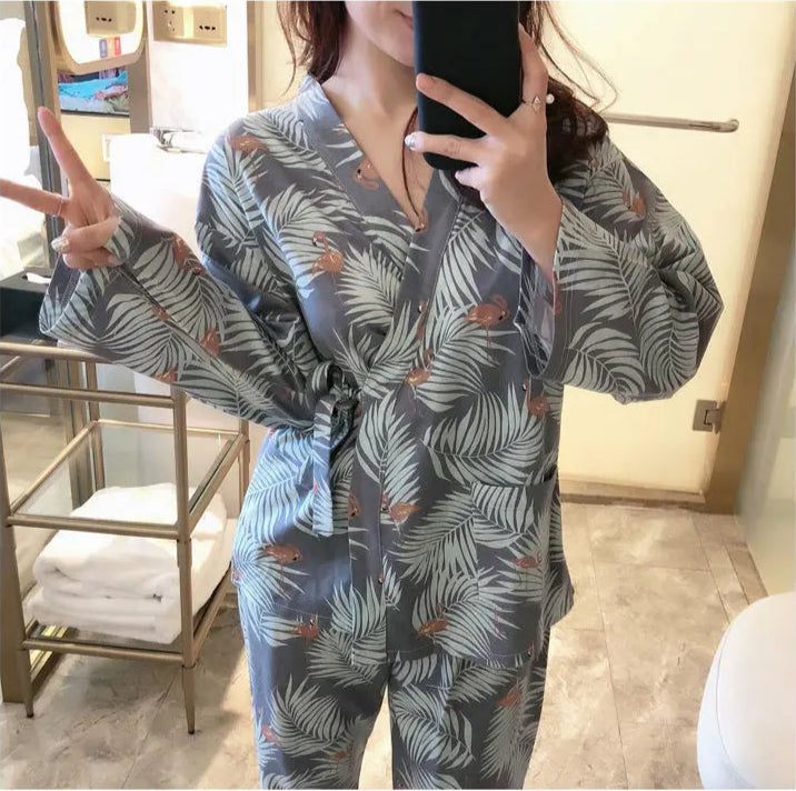 Ensemble Pyjama Kimono à Feuillages Gris