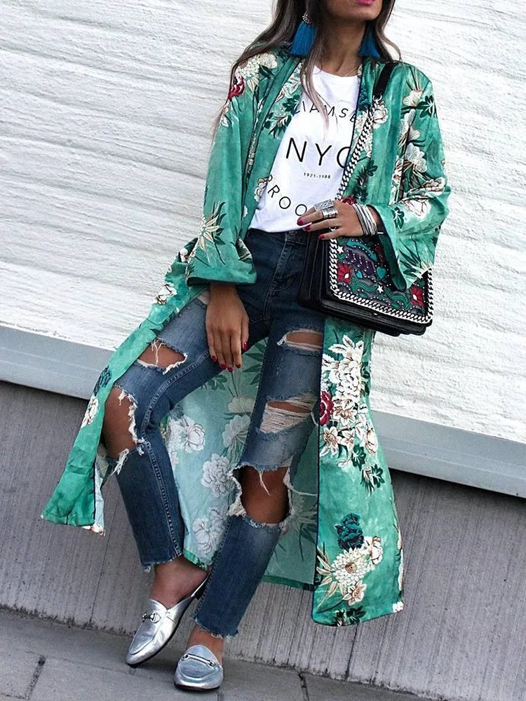 Kimono Fleuri Long à Fente 

