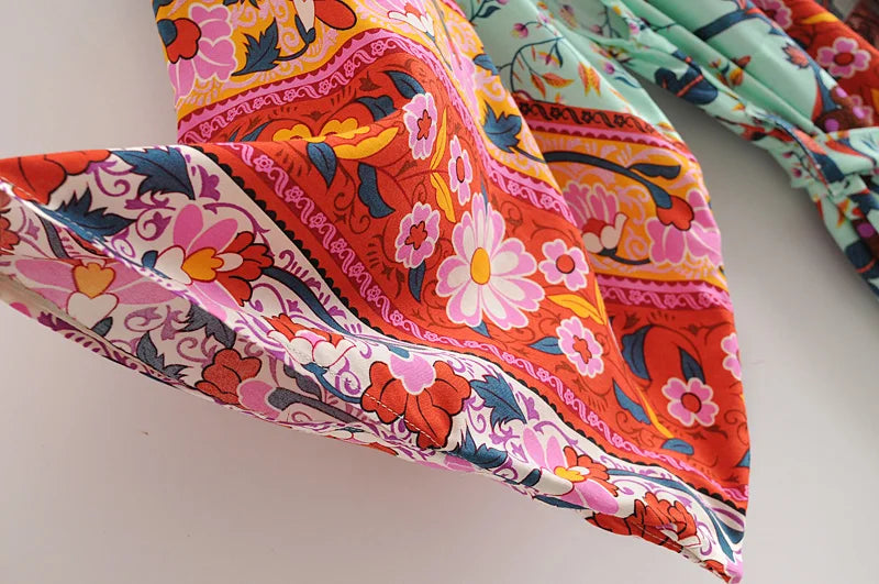 Kimono de Plage Vert Floral manche mi long