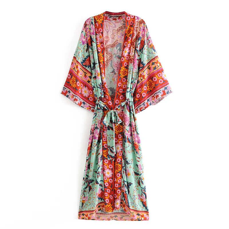 Kimono de Plage Vert Floral léger