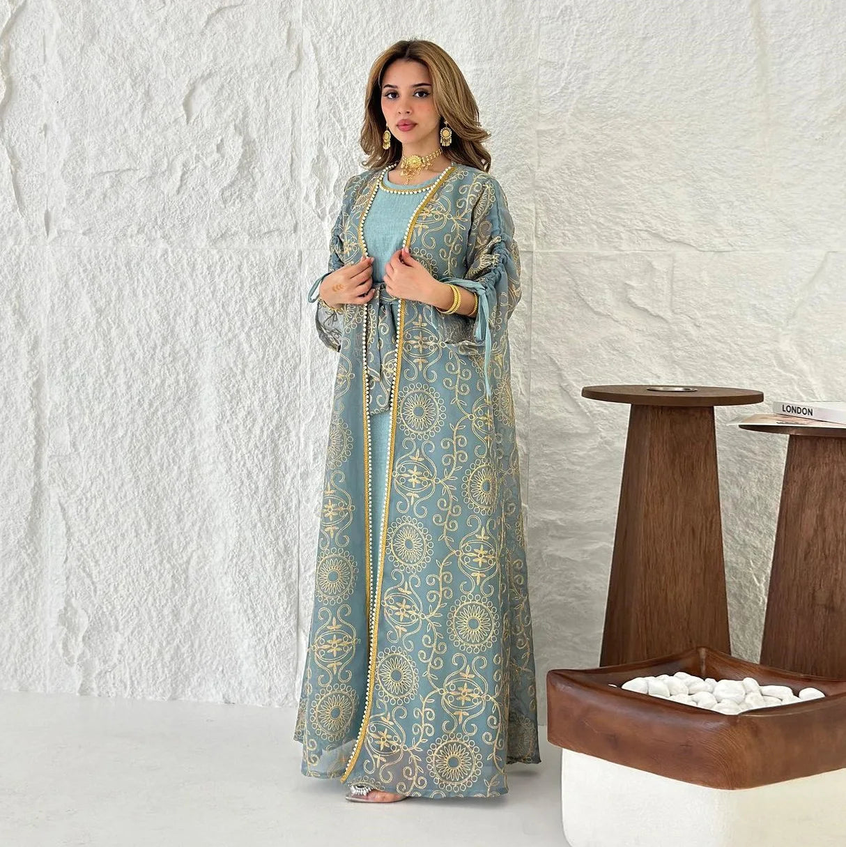 Kimono Abaya 2 pièces Bleu Cérémonial long