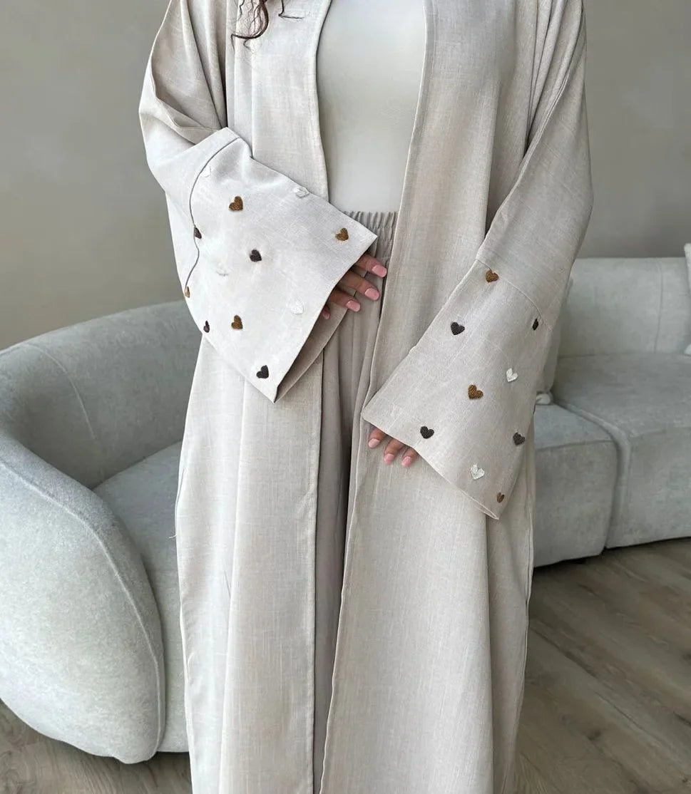 Kimono_Abaya_Beige_en_Lin avec motif