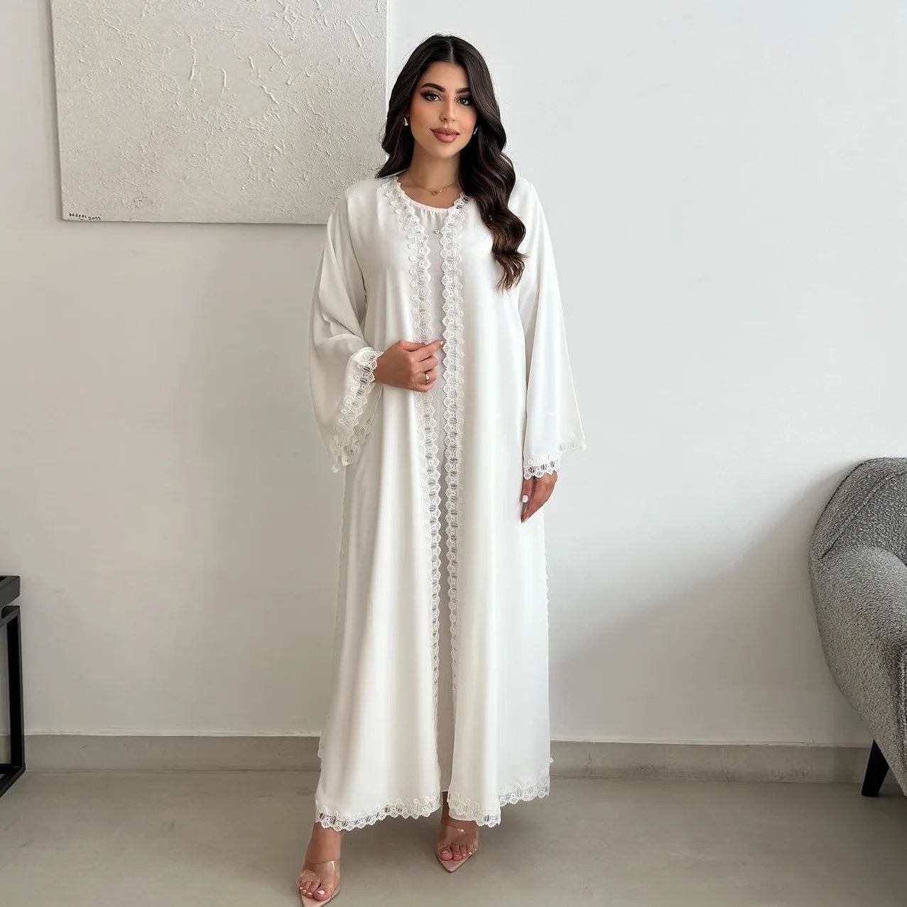 Kimono Abaya Blanc Minimaliste à Dentelles