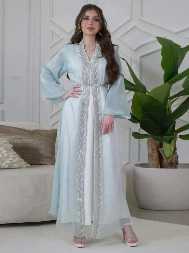 Kimono Abaya Bleu à Manches Bouffantes 