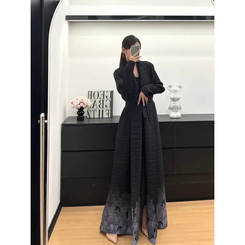 Kimono Abaya Noir avec Motifs Gris