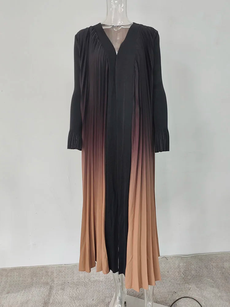 Kimono Abaya Plissé Beige et Noir léger