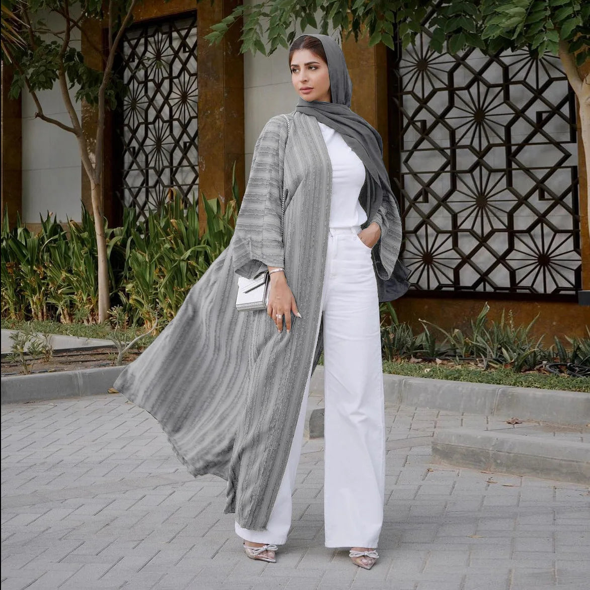 Kimono Abaya à Rayures Gris