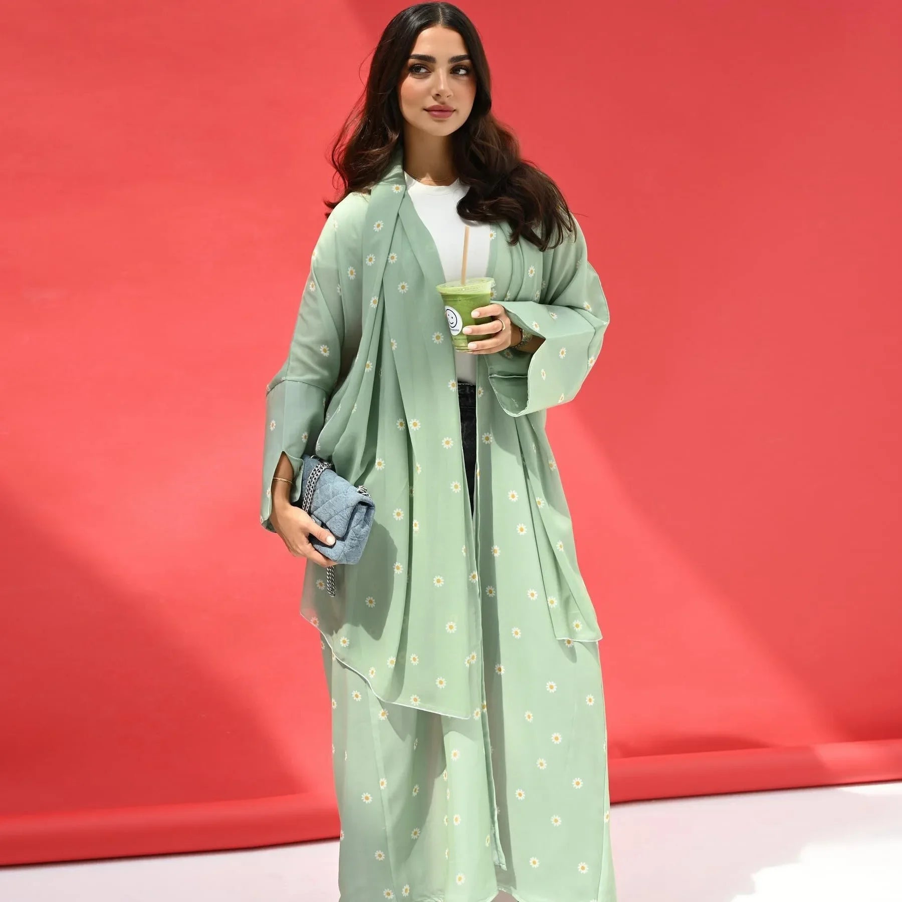 Kimono Abaya Vert à Fleurs