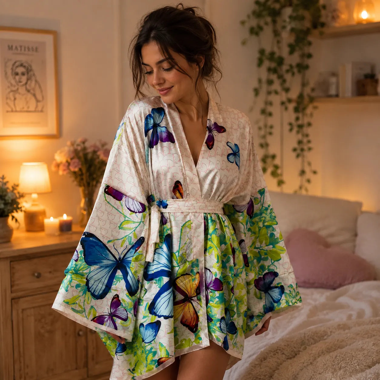 Kimono Bohème Blanc à Papillons Colorés