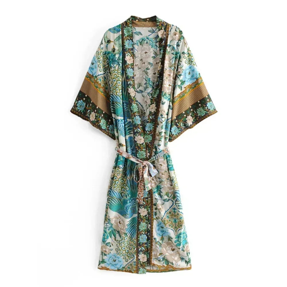Kimono Bohème Bleu Fleuri Face