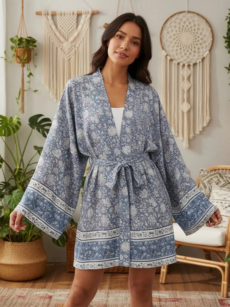 Kimono Boho Bleu Fleuri