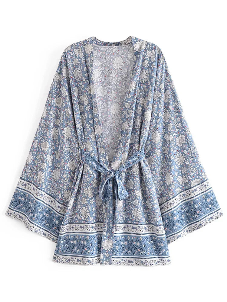 Kimono Boho Bleu Fleuri fluide