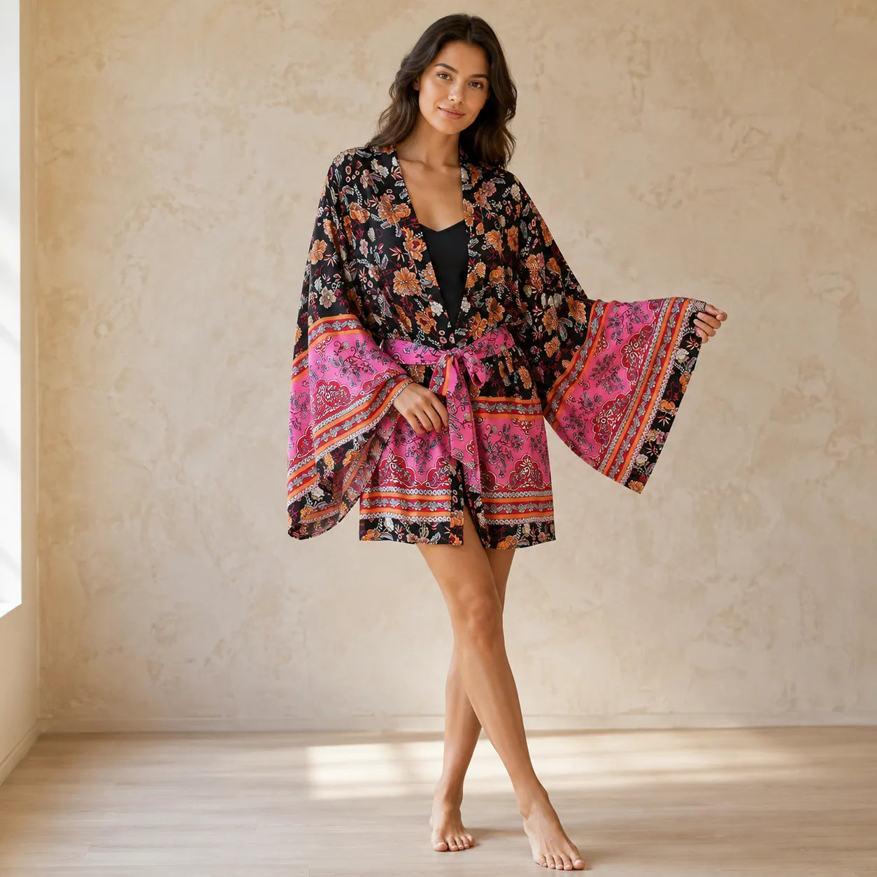 Kimono Boho Noir et Rose