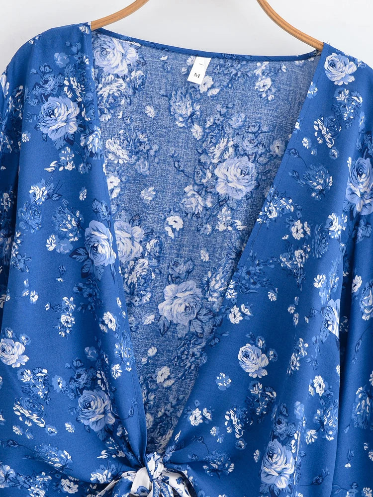Kimono Court Boho Bleu à Fleurs Style