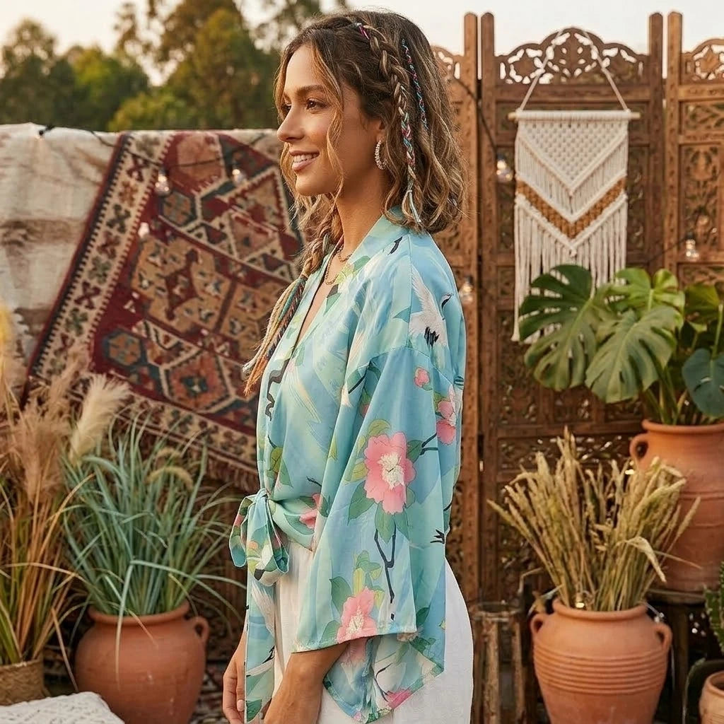Kimono Court Boho Bleu fluide