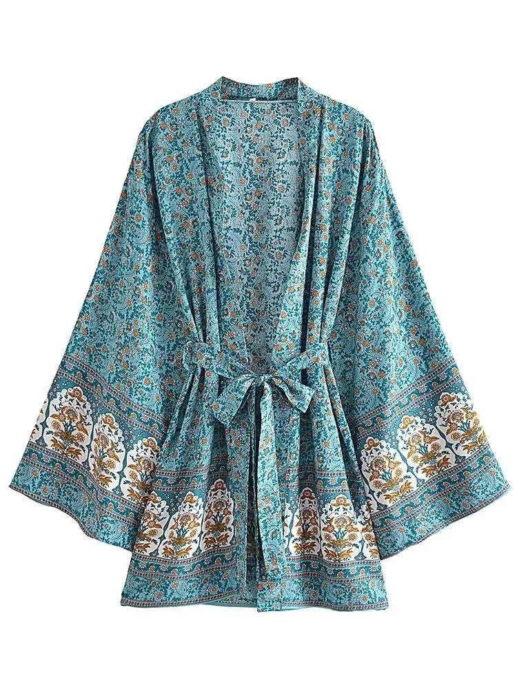 Kimono Court Fleuri Bleu Face