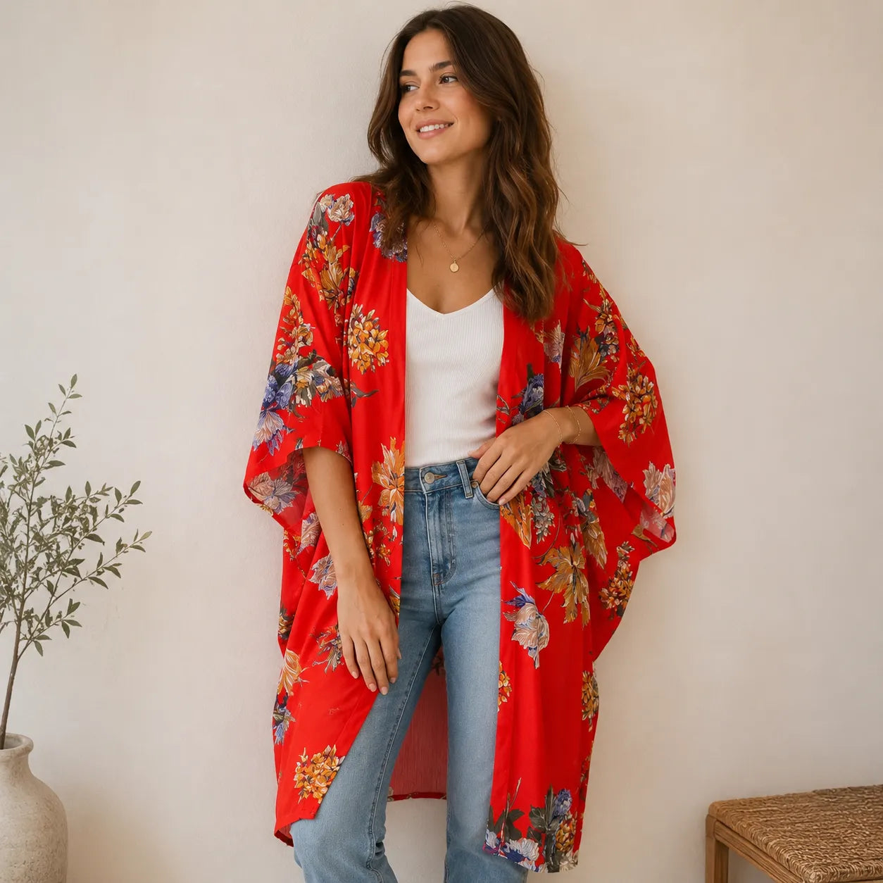 Kimono Fleuri Ample Rouge Floral