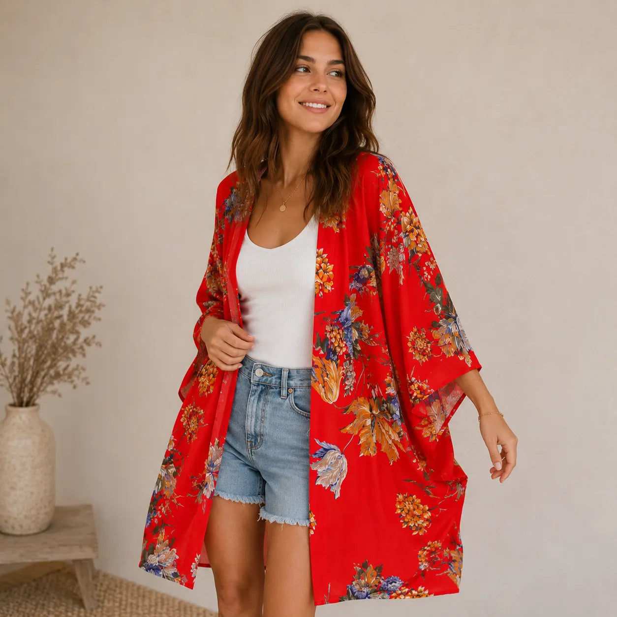 Kimono Fleuri Ample Rouge Floral Stylé