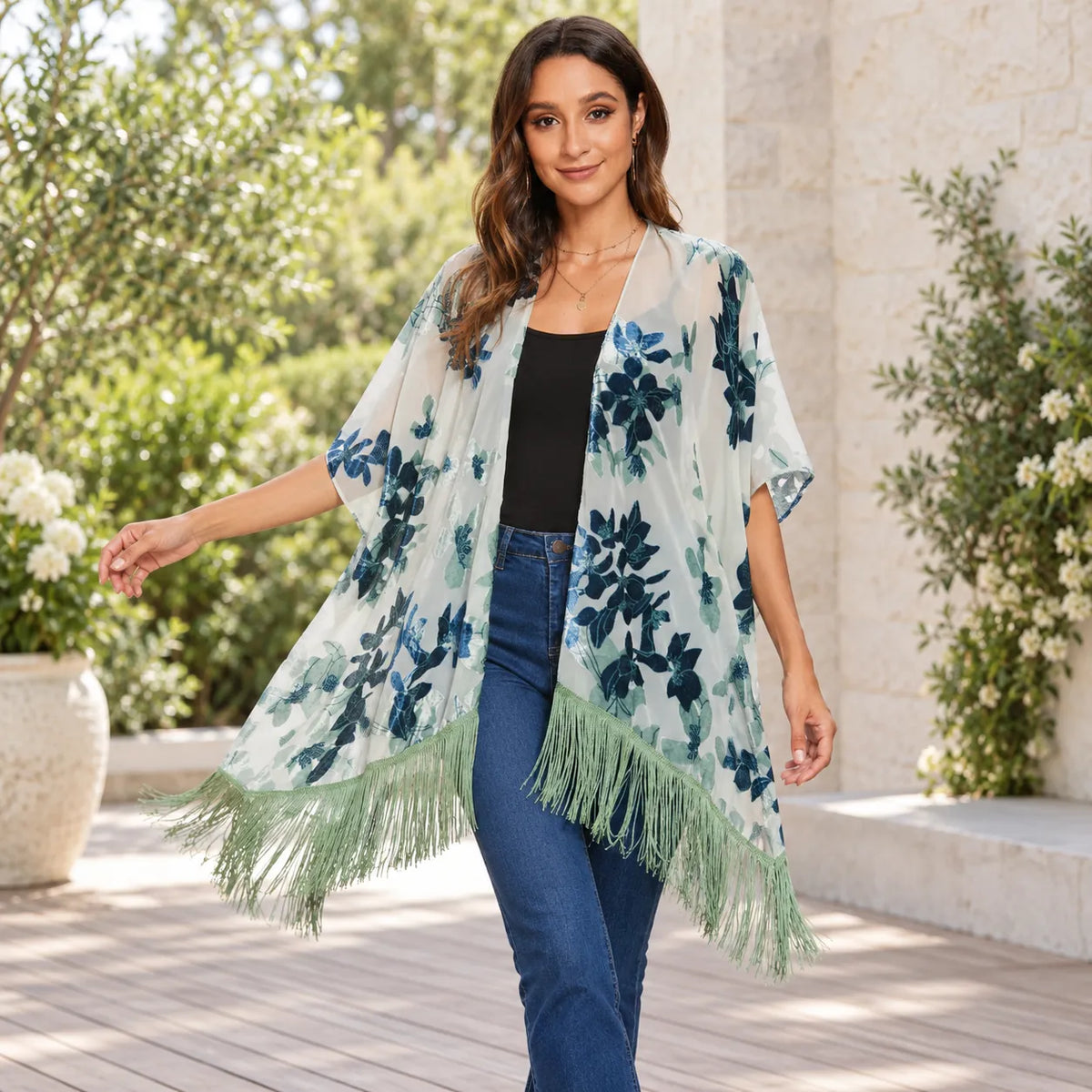 Kimono Fleuri Bleu à Franges