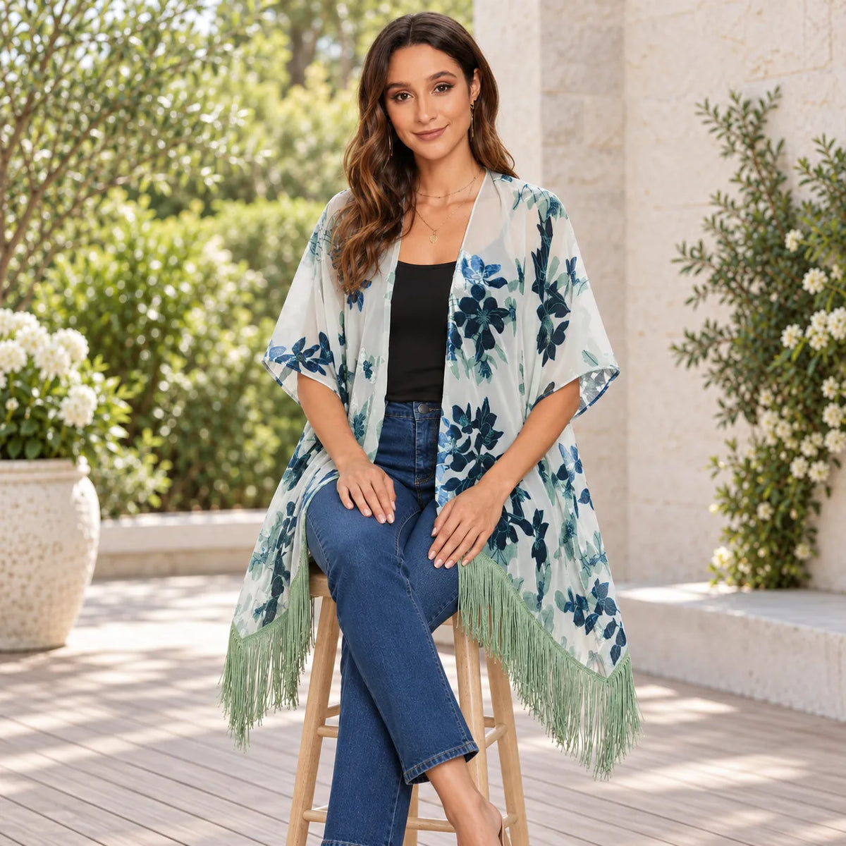 Kimono Fleuri Bleu à Franges Design