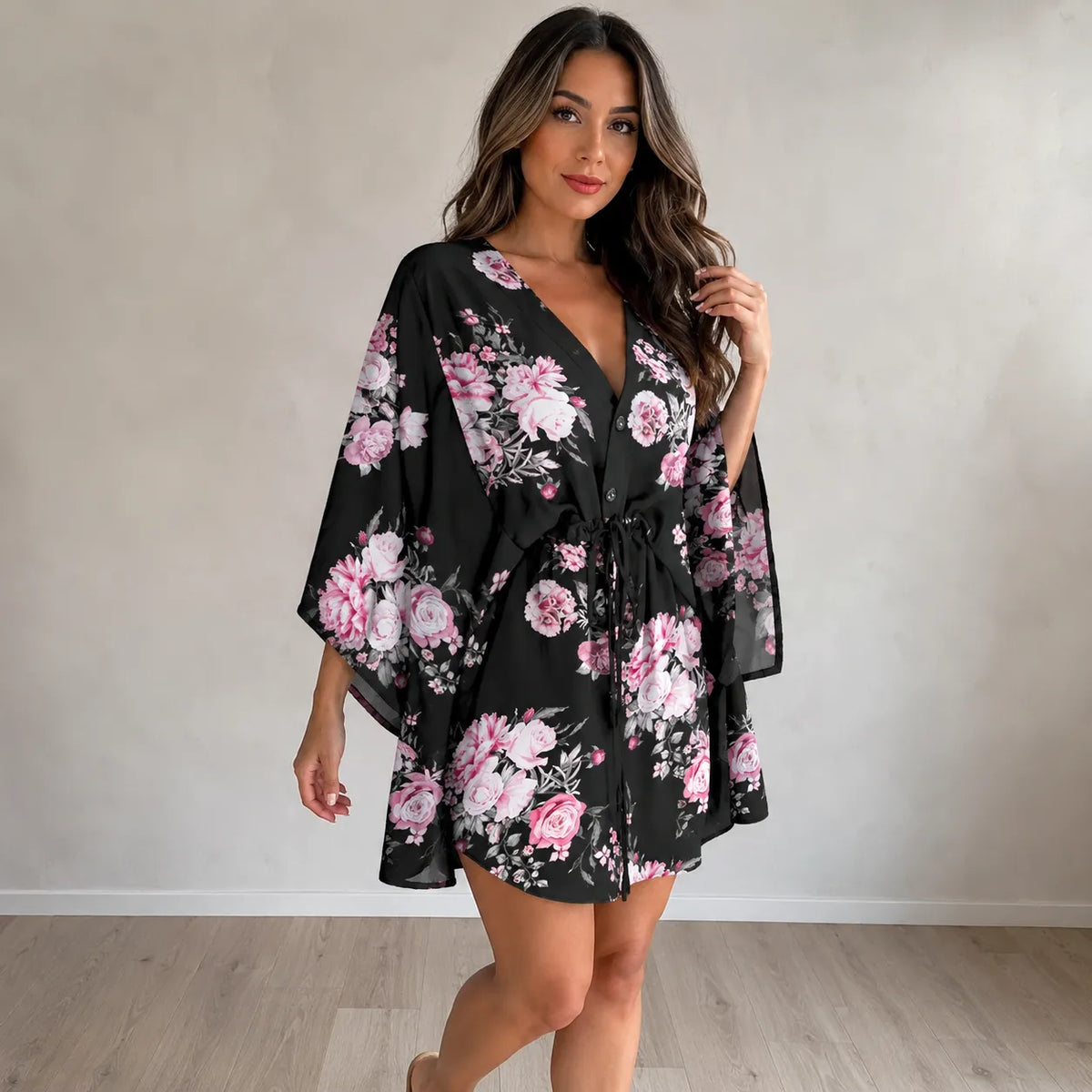 Kimono Fleuri Noir Court