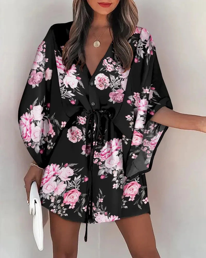 Kimono Fleuri Noir Sexy
