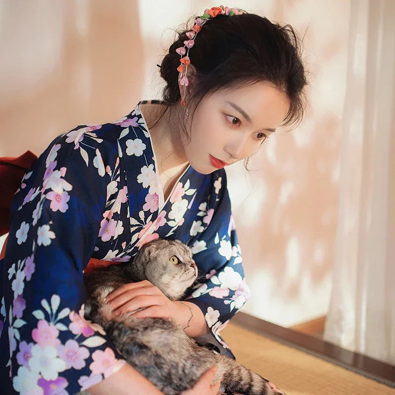 Kimono Japonais Femme Bleu Floral Cool