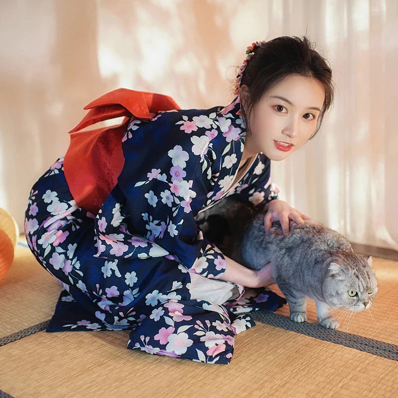Kimono Japonais Femme Bleu Floral Léger