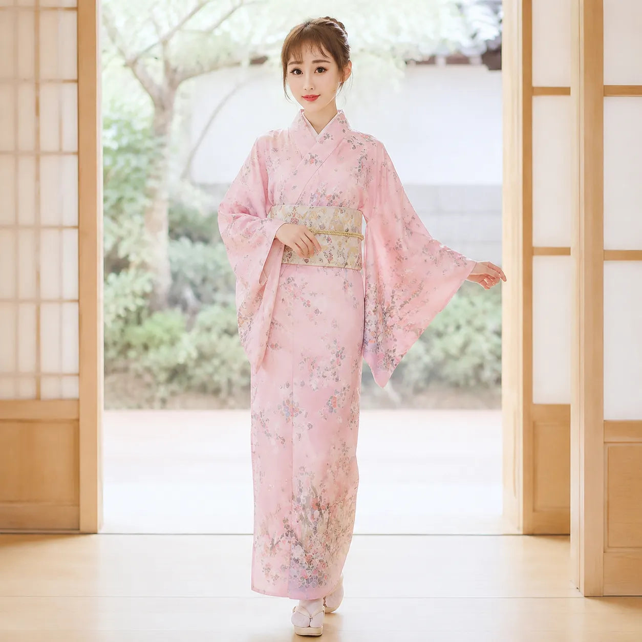 Kimono Japonais Femme Rose Fleuri Stylé