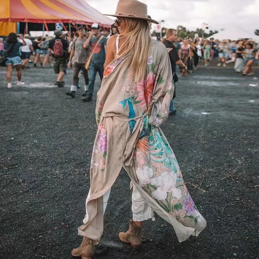 Kimono Long Beige à Fentes